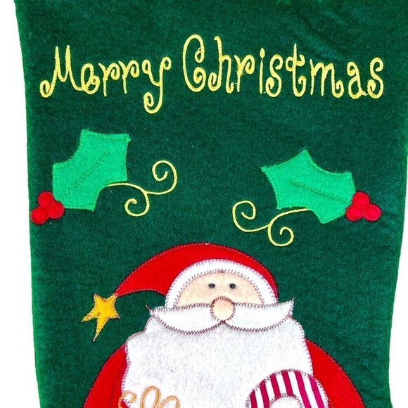 Santa Claus Green Velour Christmas Holiday Stocking Embroidered Applique 16" - Picture 2 of 9